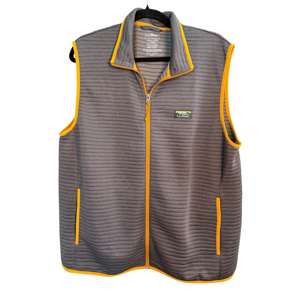 LL Bean Mens Airlight Vest Gray Yellow Trim Full Zip‎ 513274 Large Regular